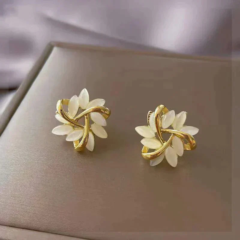 Gold White Opal Earrings
