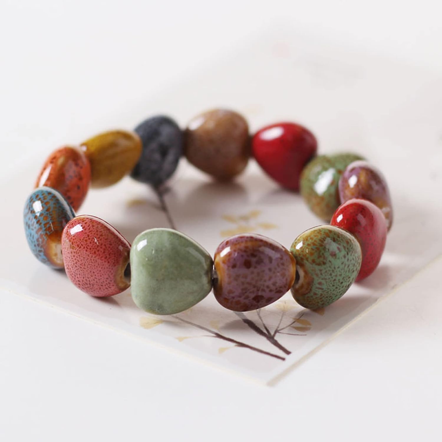 Zittop Bracelet Colorful Ceramic Handmade Simple Ethnic Style Variety of Shapes Elastic Hand Chain for Women (Heart type)