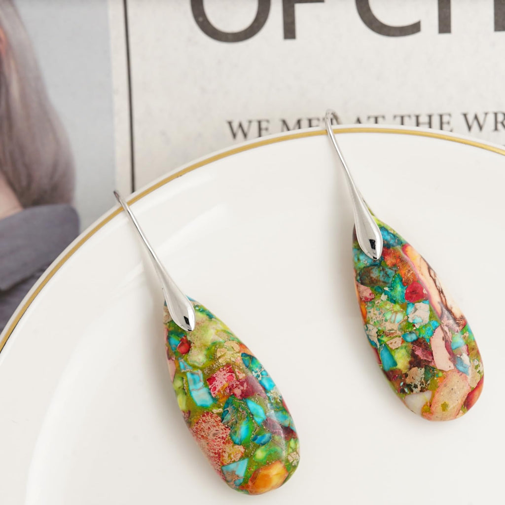 Natural Healing Stone Fishhoop Dangle Drop Earrings Statement Gold silver earrings