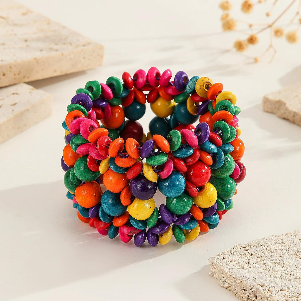 xuzhiyuan Bohemian Wooden Bead Bracelets Boho Colorful Handmade Elastic Stretch Bracelets Design for Women Summer Beach Festival Jewelry