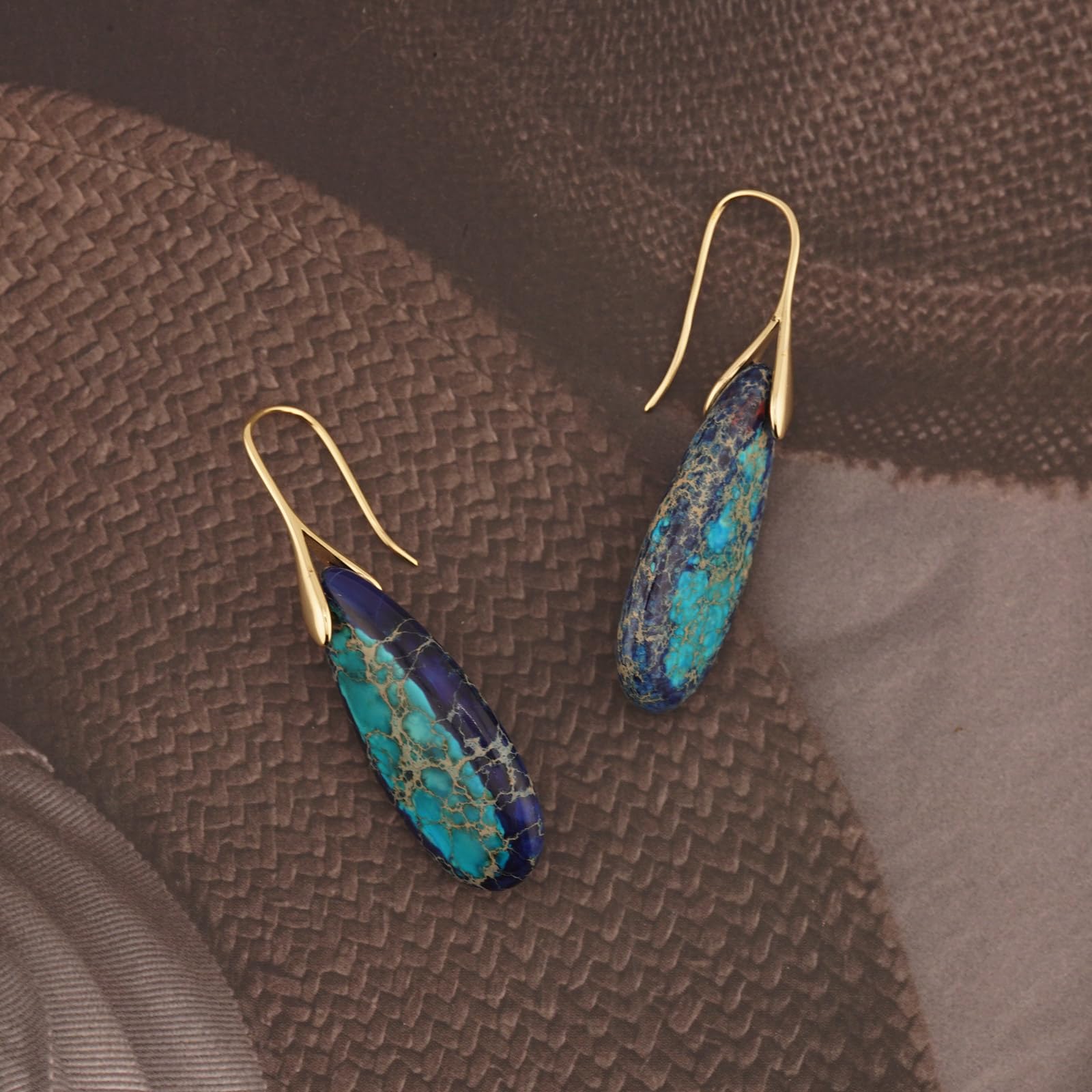 Natural Healing Stone Fishhoop Dangle Drop Earrings Statement Gold silver earrings