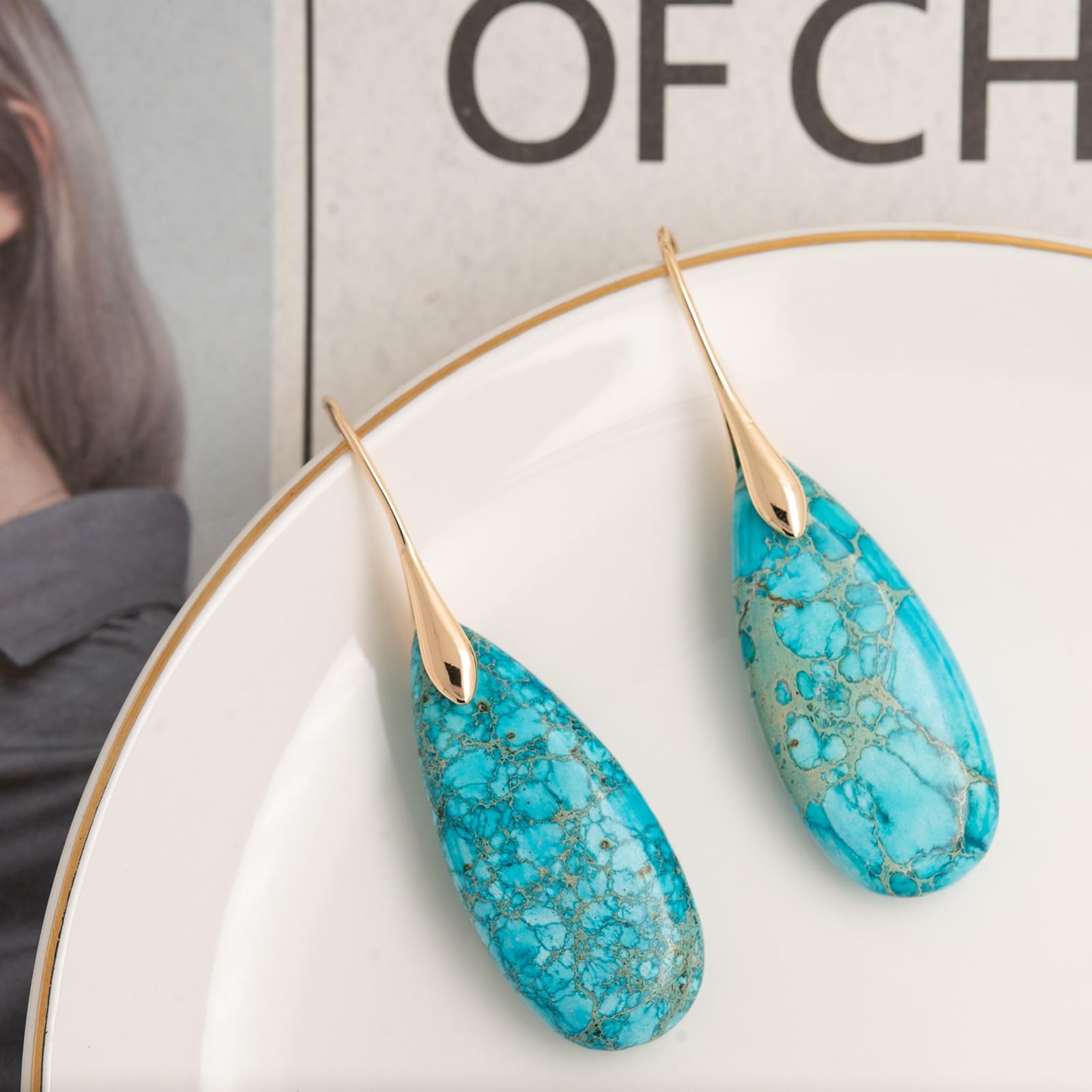 Natural Healing Stone Fishhoop Dangle Drop Earrings Statement Gold silver earrings