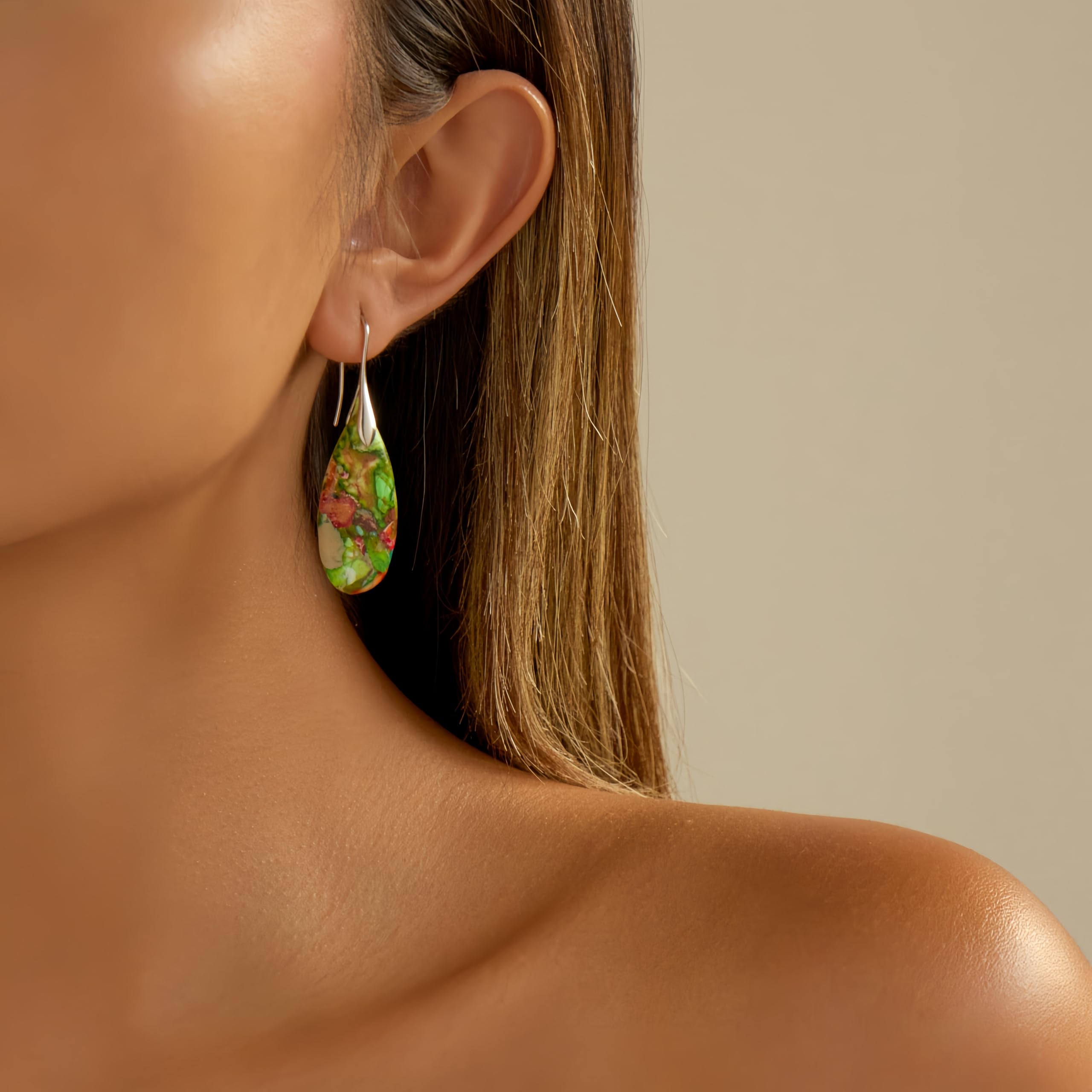 Natural Healing Stone Fishhoop Dangle Drop Earrings Statement Gold silver earrings