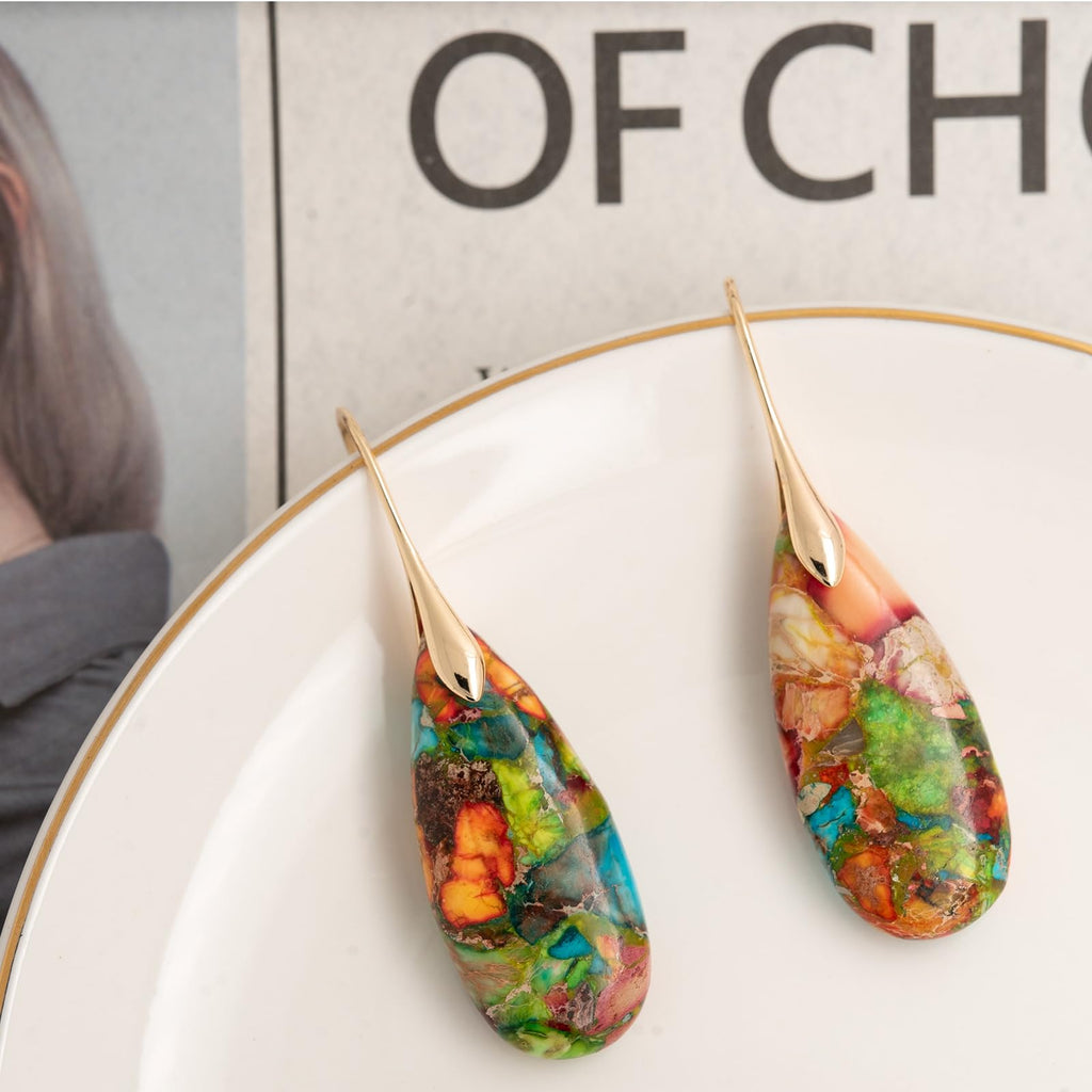 Natural Healing Stone Fishhoop Dangle Drop Earrings Statement Gold silver earrings