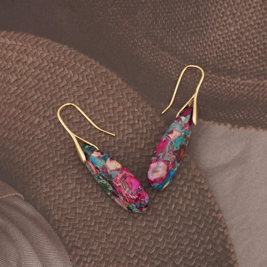 Natural Healing Stone Fishhoop Dangle Drop Earrings Statement Gold silver earrings