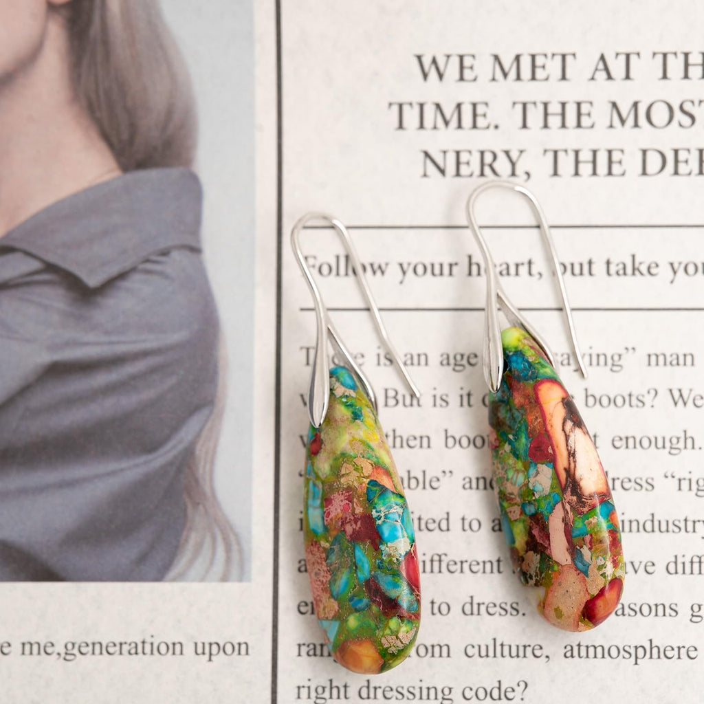 Natural Healing Stone Fishhoop Dangle Drop Earrings Statement Gold silver earrings