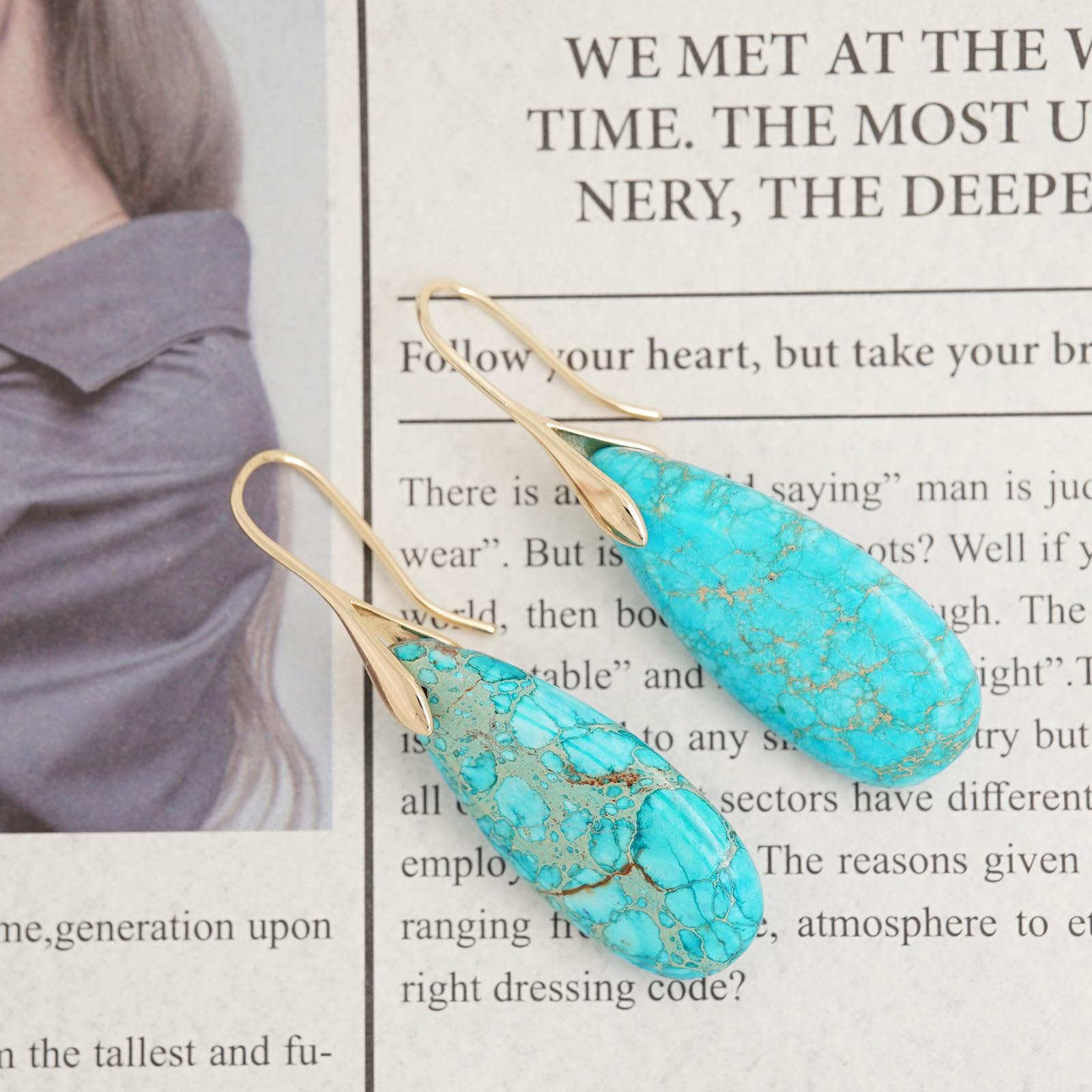 Natural Healing Stone Fishhoop Dangle Drop Earrings Statement Gold silver earrings