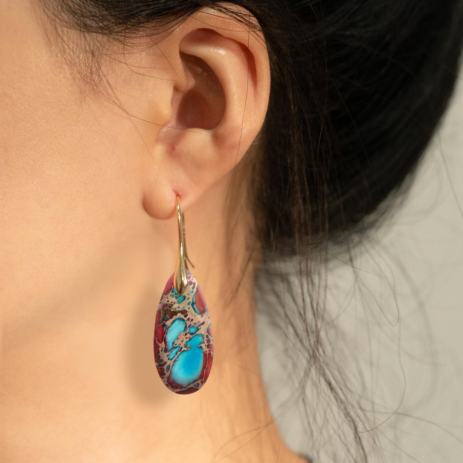 Natural Healing Stone Fishhoop Dangle Drop Earrings Statement Gold silver earrings