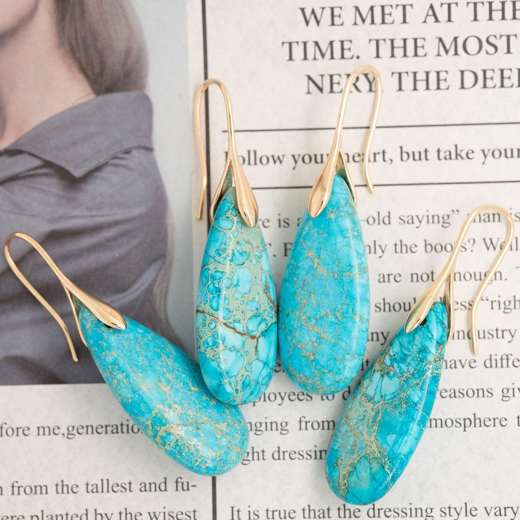 Natural Healing Stone Fishhoop Dangle Drop Earrings Statement Gold silver earrings