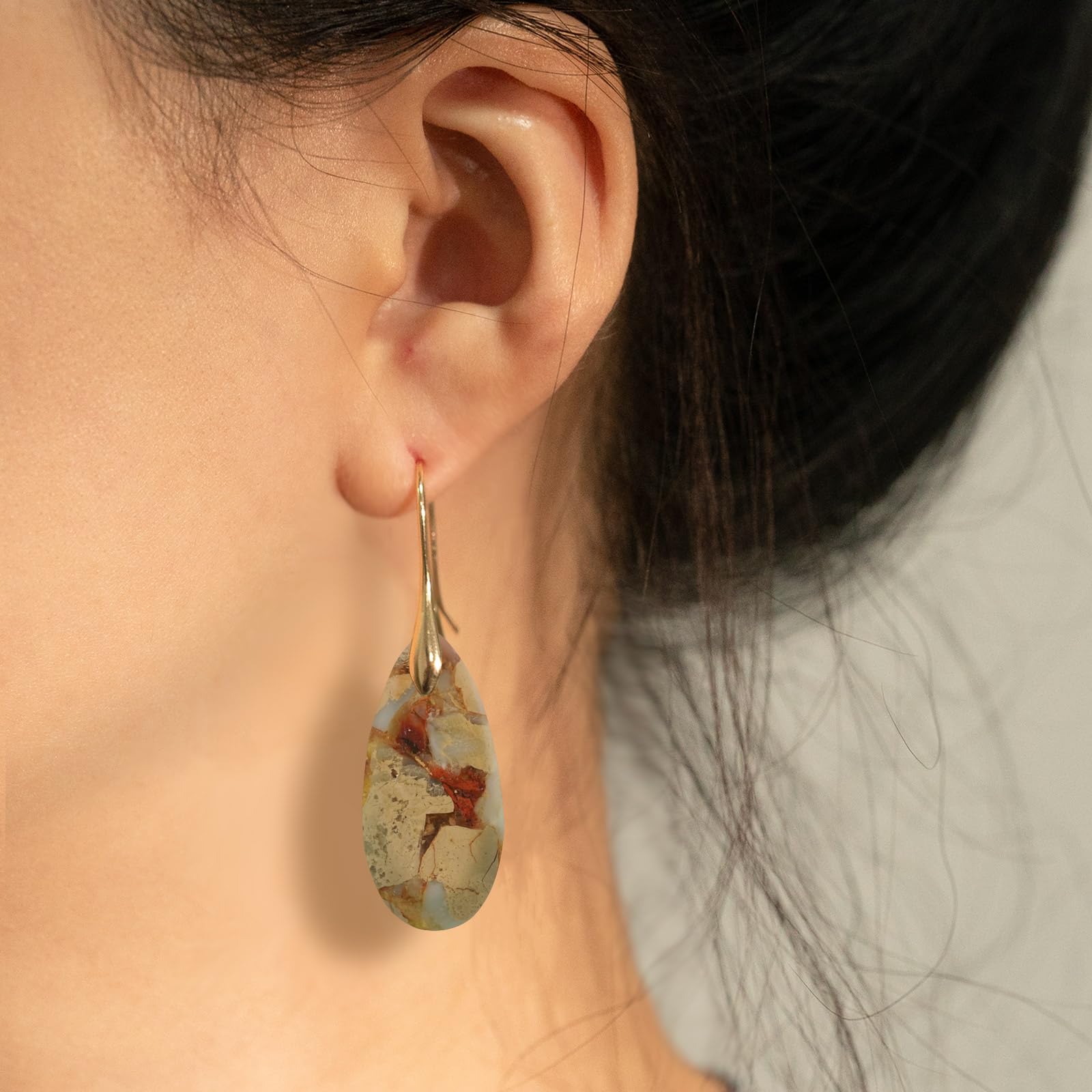 Natural Healing Stone Fishhoop Dangle Drop Earrings Statement Gold silver earrings