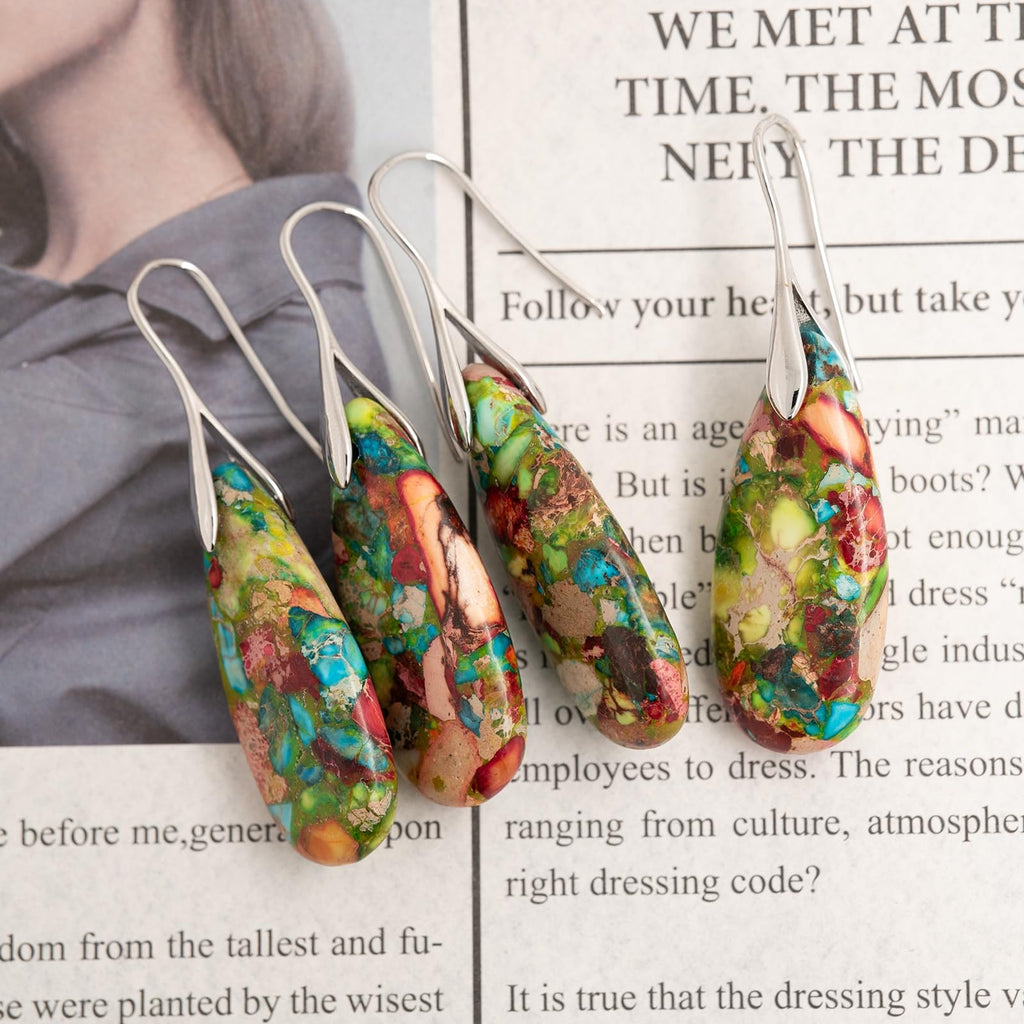 Natural Healing Stone Fishhoop Dangle Drop Earrings Statement Gold silver earrings