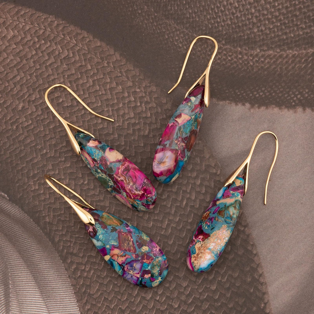 Natural Healing Stone Fishhoop Dangle Drop Earrings Statement Gold silver earrings