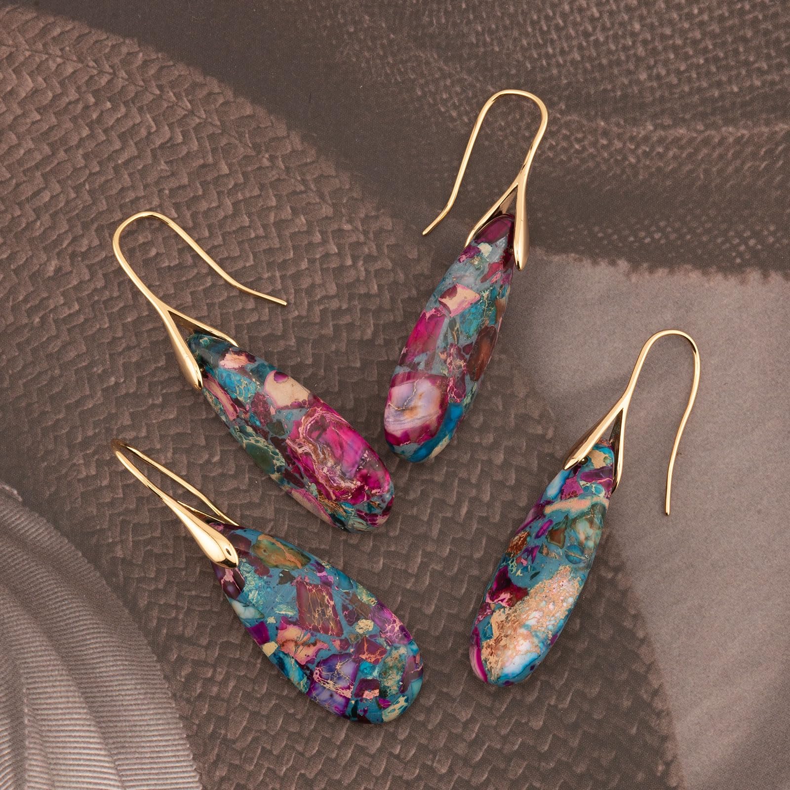 Natural Healing Stone Fishhoop Dangle Drop Earrings Statement Gold silver earrings