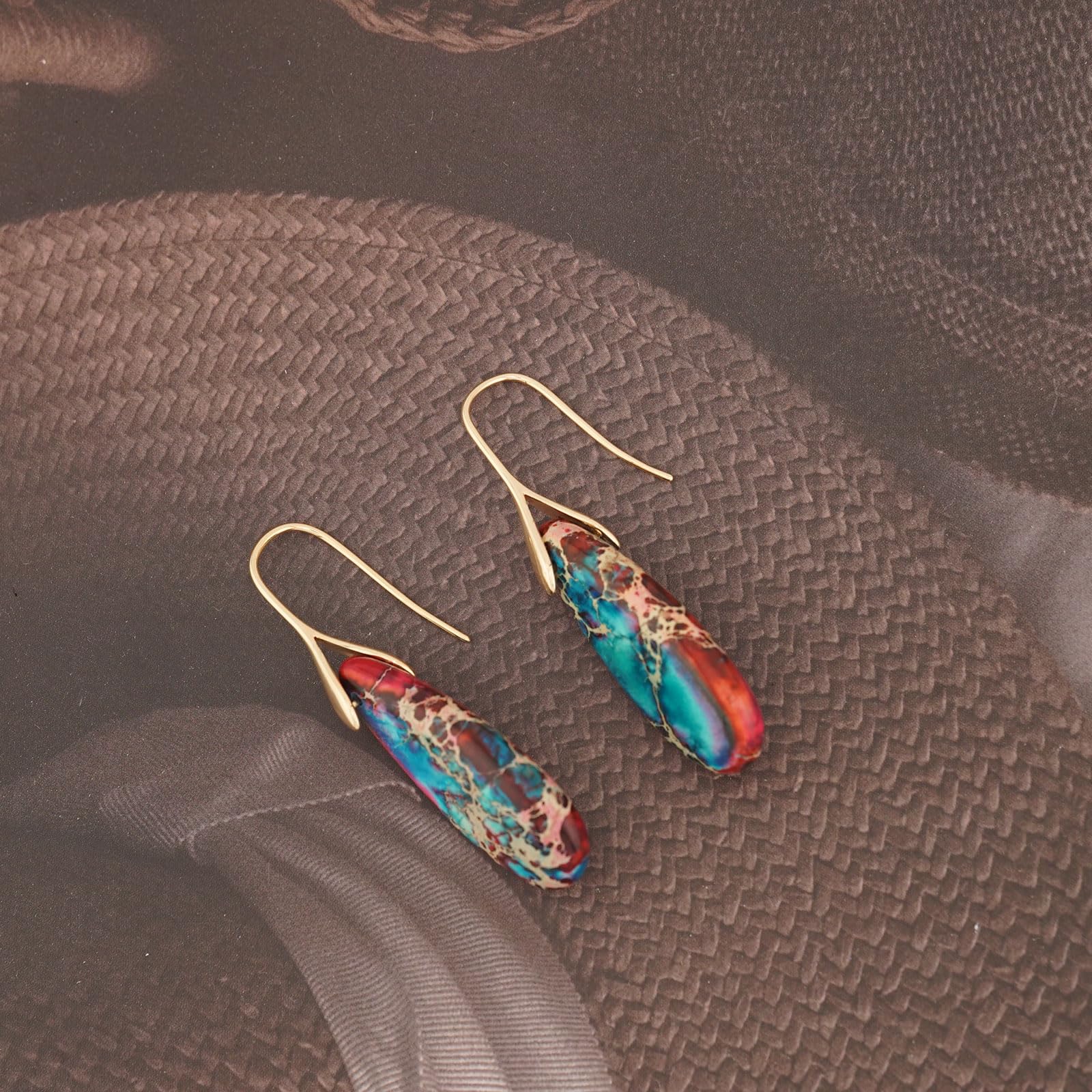 Natural Healing Stone Fishhoop Dangle Drop Earrings Statement Gold silver earrings