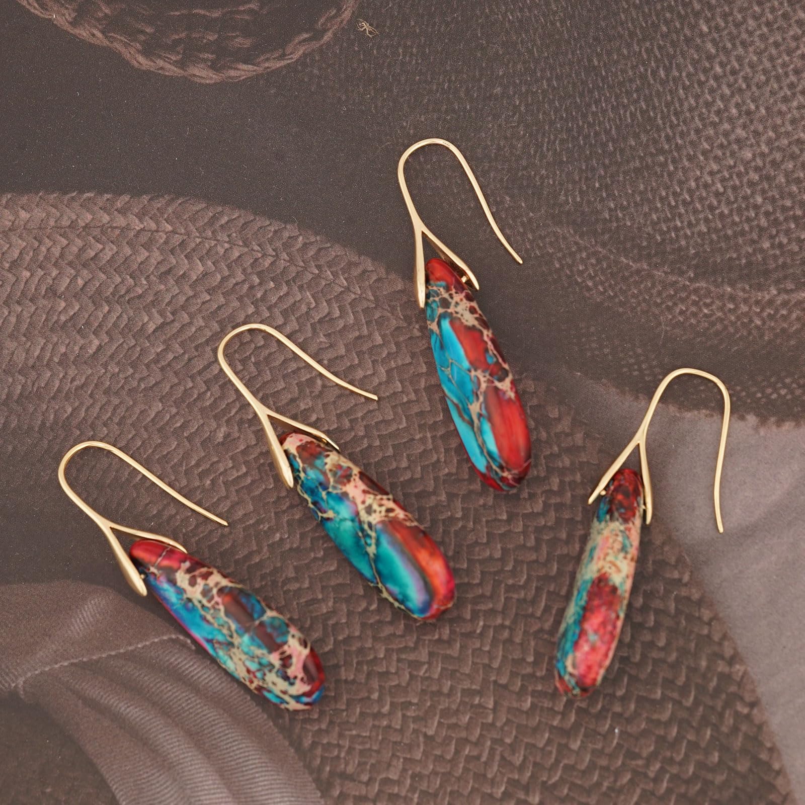 Natural Healing Stone Fishhoop Dangle Drop Earrings Statement Gold silver earrings