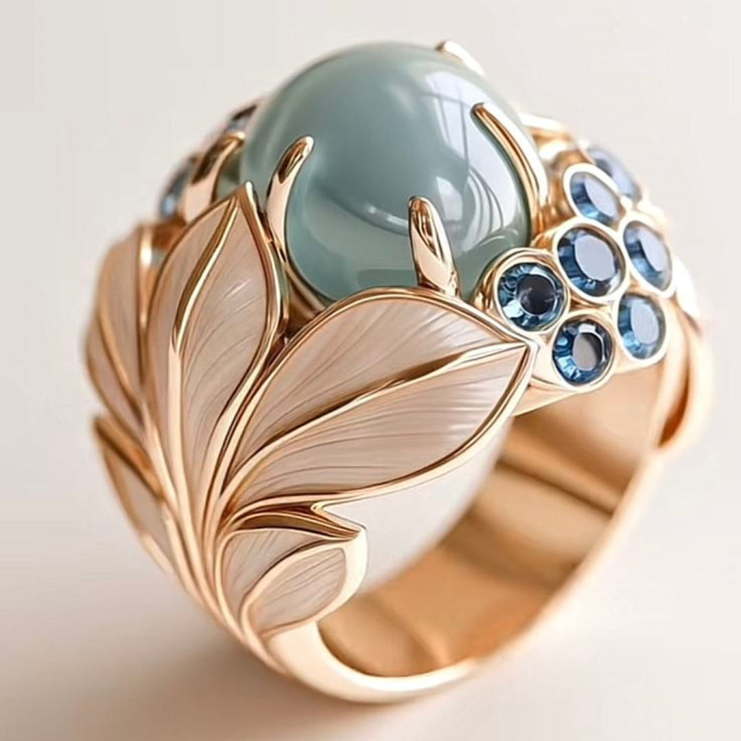 Greenish Stone Gold Leaf Ring