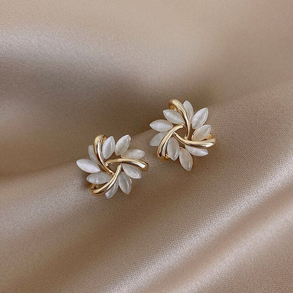 Gold White Opal Earrings