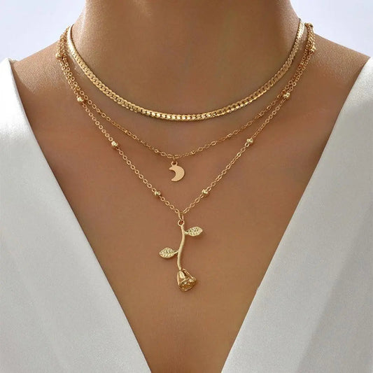 Sophisticated Golden Rose Pendant Necklace Set