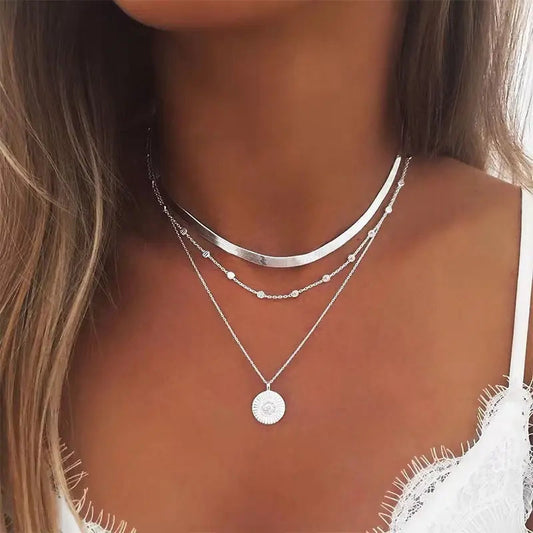 Layered Silver Choker and Pendant Necklace Set